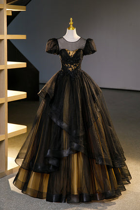 Black Tulle Lace Long Prom Dresses, Black Short Sleeve Evening Dresses