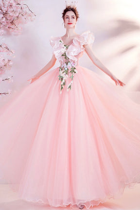 Pink V-Neck Tulle Long Prom Dress, Beautiful Pink Evening Dress