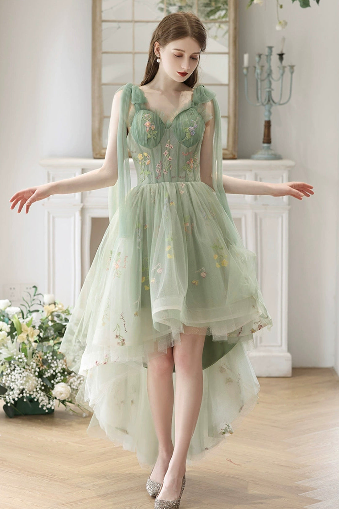 Beautiful Floral Tulle High Low Party Dress, Green Lace Homecoming Dress