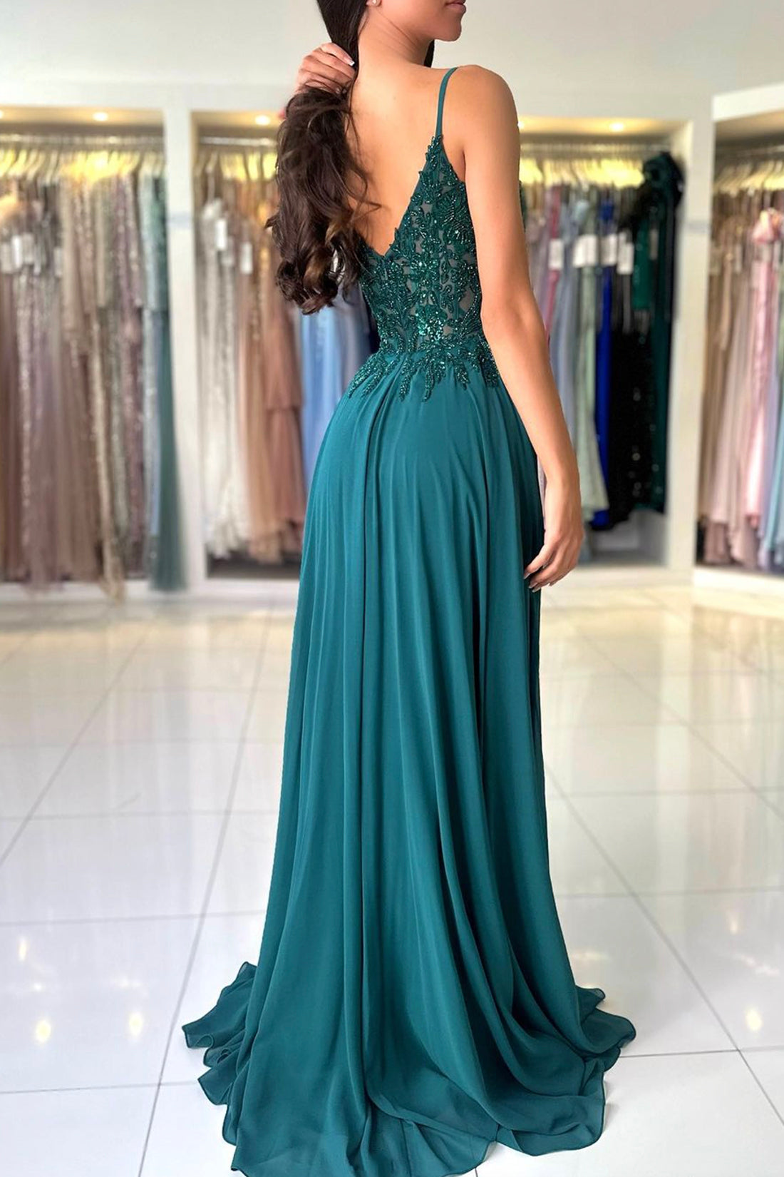 A-Line Chiffon Beaded Long Prom Dress, Dark Green Spaghetti Strap Evening Dress
