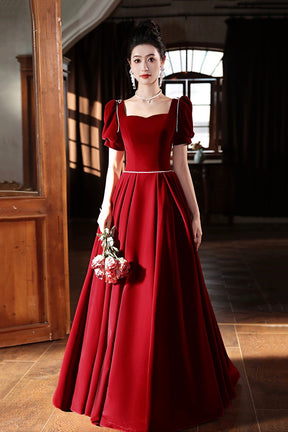 Burgundy Velvet Long A-Line Prom Dress, A-Line Short Sleeve Evening Party Dress