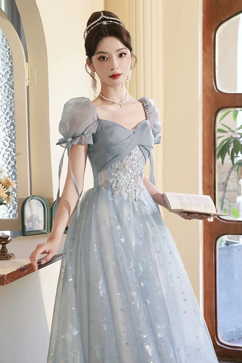 Beautiful Tulle Short Sleeves Formal Dress with Lace, Lovely Blue Long