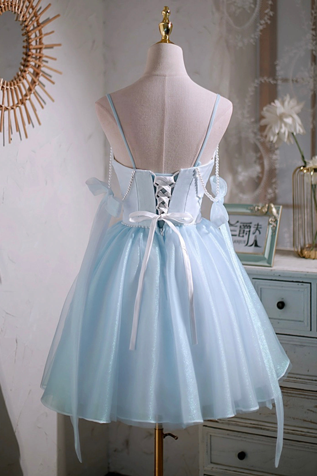 Sky Blue Spaghetti Straps Party Dress, Cute A-Line Tulle Homecoming Dr Sky Blue Spaghetti Straps Party Dress, Cute A-Line Tulle Homecoming Dr