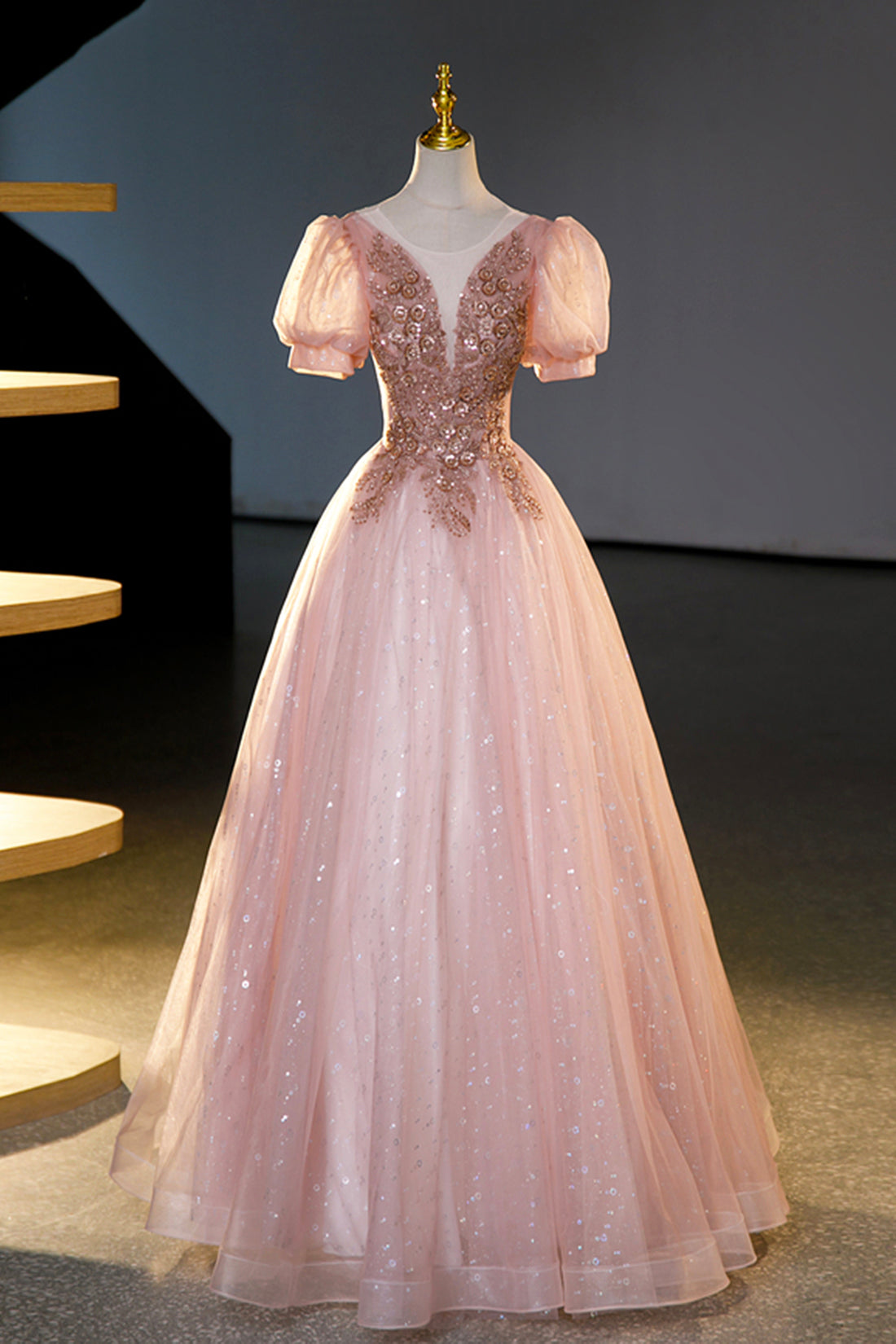 Pink Tulle Beaded Long Ball Gown, Beautiful A-Line Prom Dress, Pink Sw Pink Tulle Beaded Long Ball Gown, Beautiful A-Line Prom Dress, Pink Sw