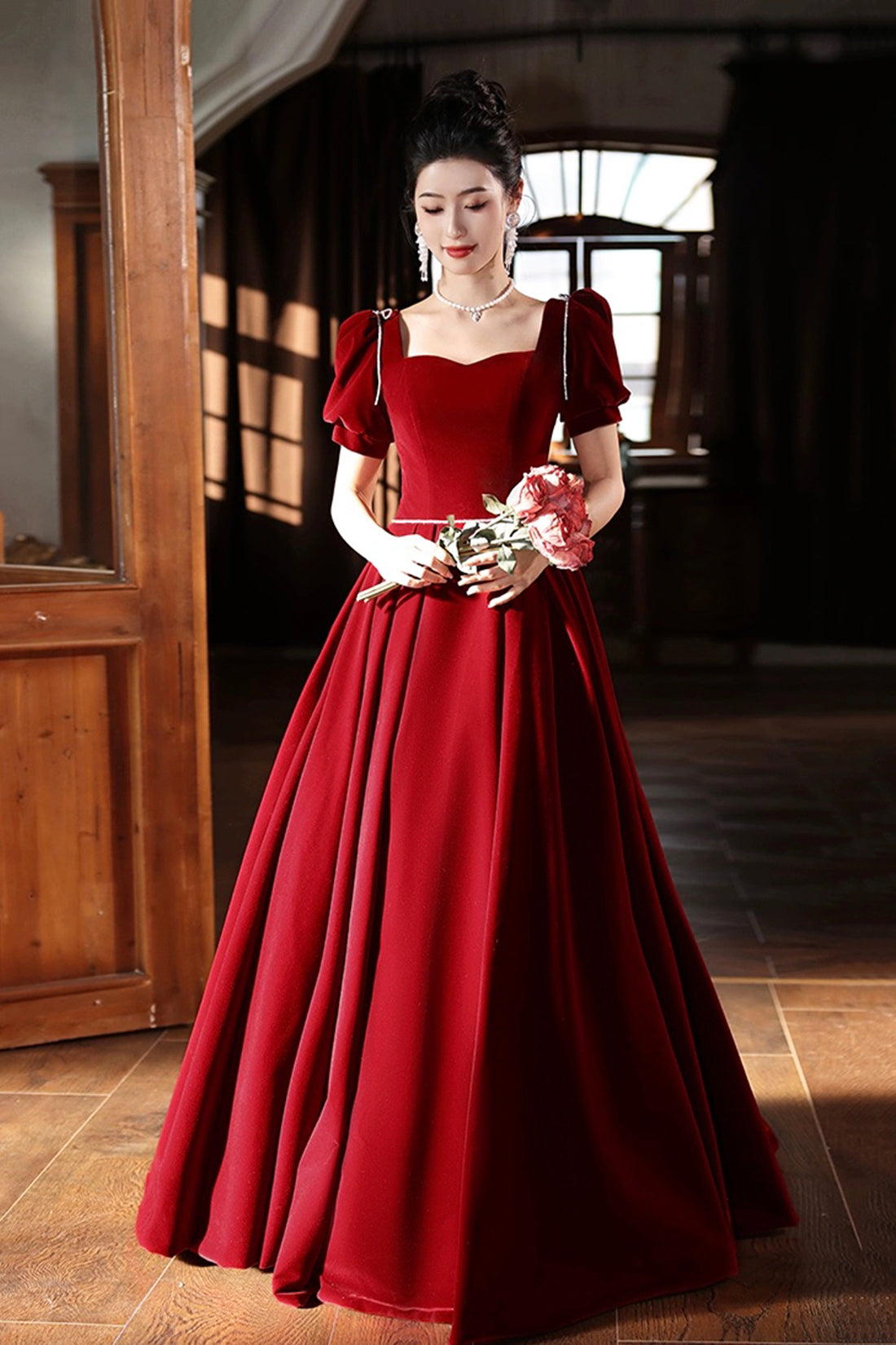 Burgundy Velvet Long A-Line Prom Dress, A-Line Short Sleeve Evening Party Dress