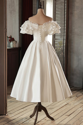 White Satin Lace Off Shoulder Prom Dress, White Evening Dress, Wedding Dress