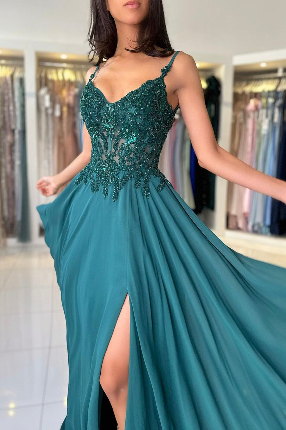 A-Line Chiffon Beaded Long Prom Dress, Dark Green Spaghetti Strap Even A-Line Chiffon Beaded Long Prom Dress, Dark Green Spaghetti Strap Even
