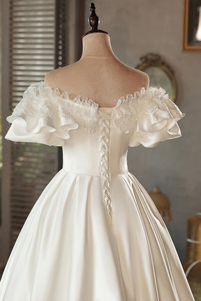 White Satin Lace Off Shoulder Prom Dress, White Evening Dress, Wedding Dress