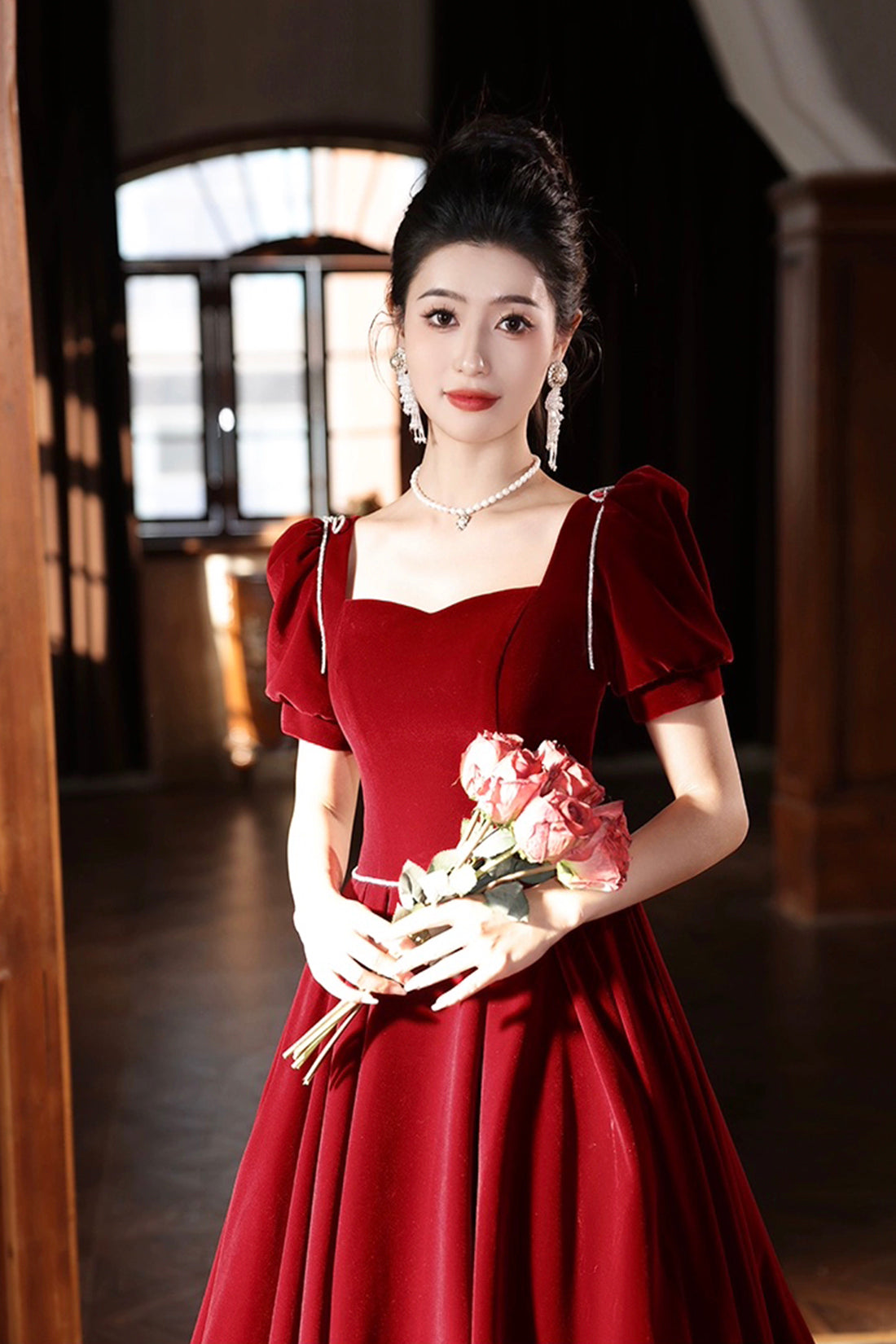 Burgundy Velvet Long A-Line Prom Dress, A-Line Short Sleeve Evening Pa Burgundy Velvet Long A-Line Prom Dress, A-Line Short Sleeve Evening Pa