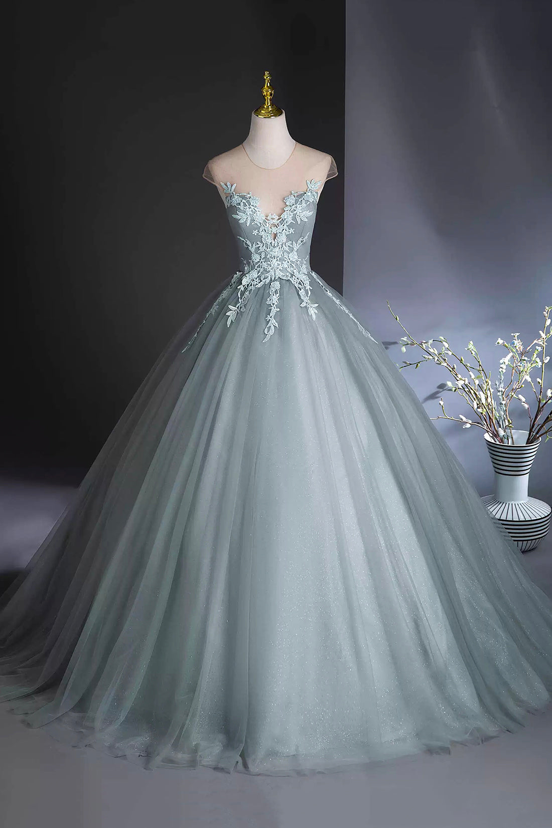 Dusty Green Tulle Floor Length Prom Dress with Lace, Elegant A-Line Formal Evening Dress