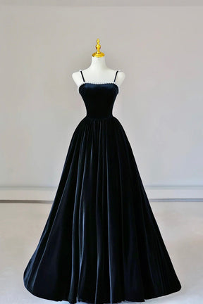 Black Spaghetti Strap Velvet Long Prom Dress with Pearls, A-Line Evening Dress Party Dress