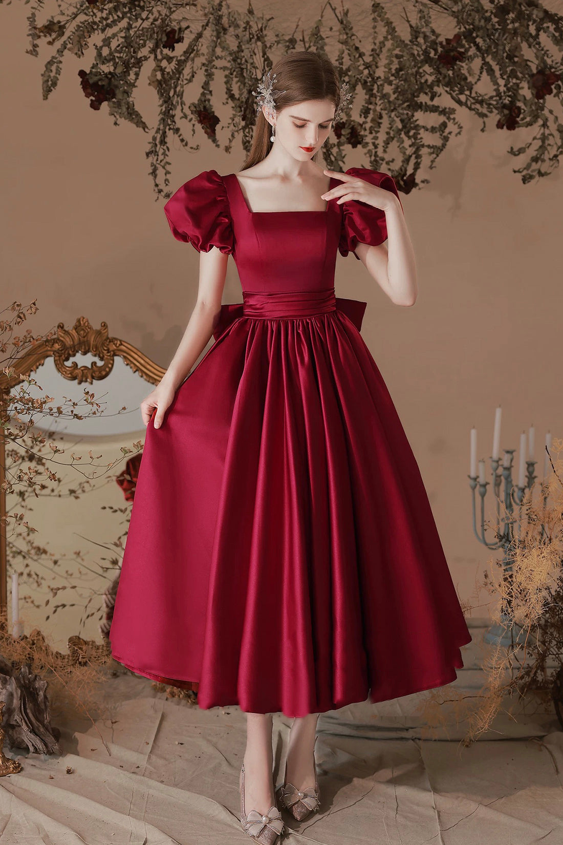 A-Line Satin Short Prom Dress, Burgundy Short Sleeve Homecoming Party Dress