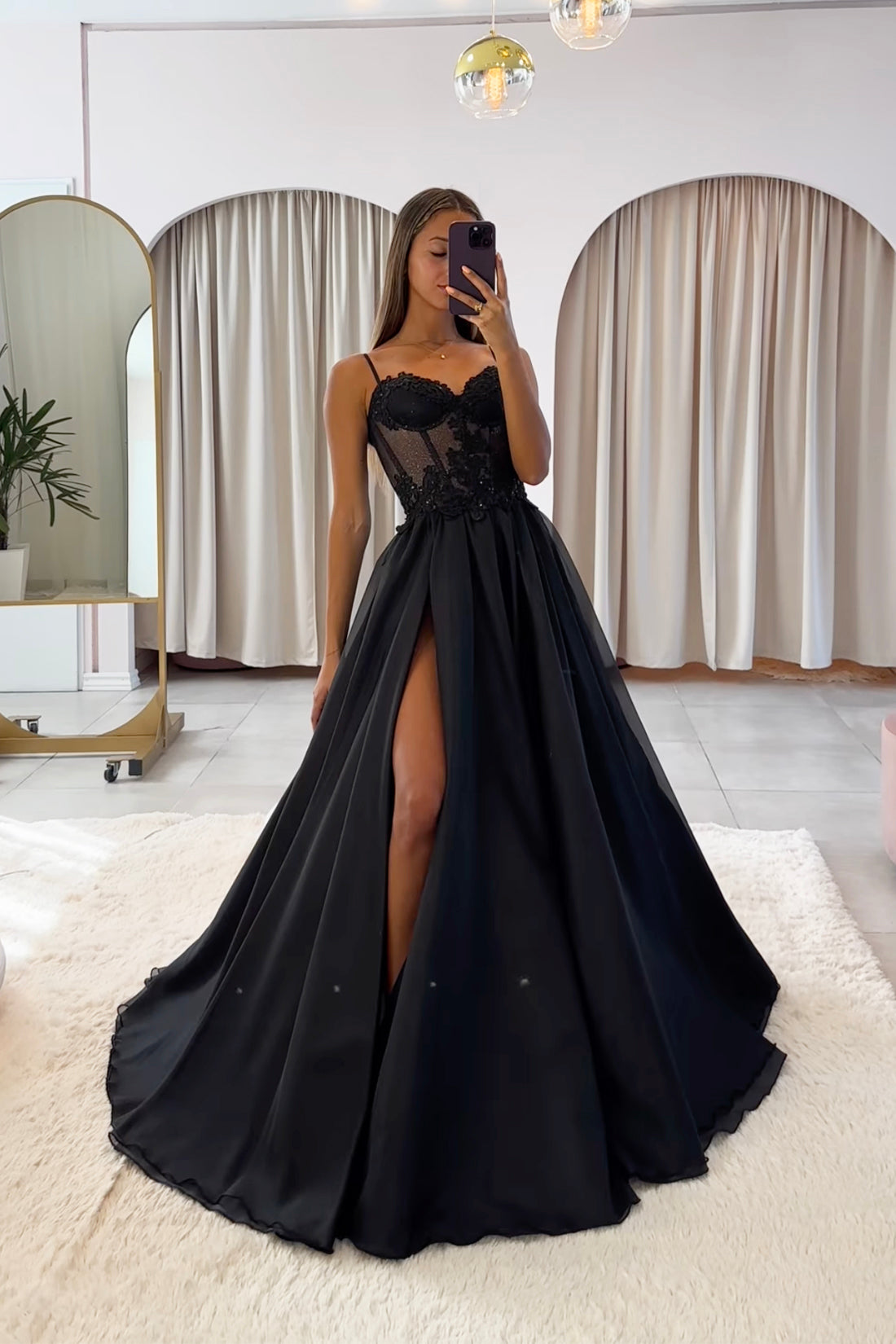 Black Spaghetti Strap Chiffon Lace Long Prom Dress, Black A-Line Evening Party Dress