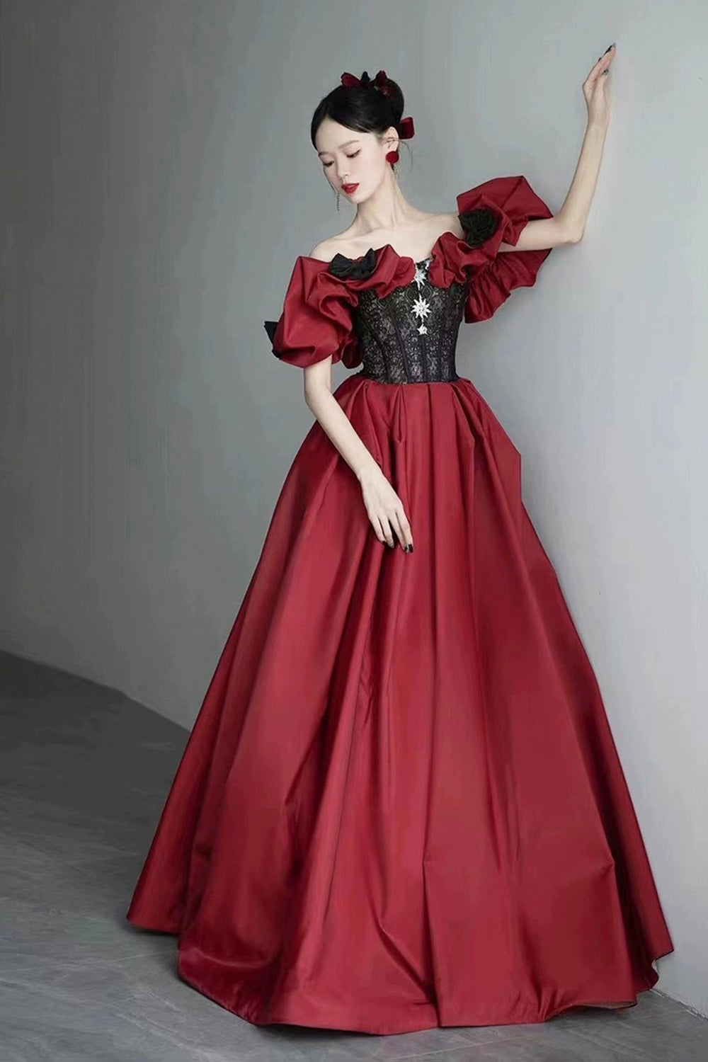 Burgundy Satin and Black Lace Floor Length Prom Dress, Off the Shoulde