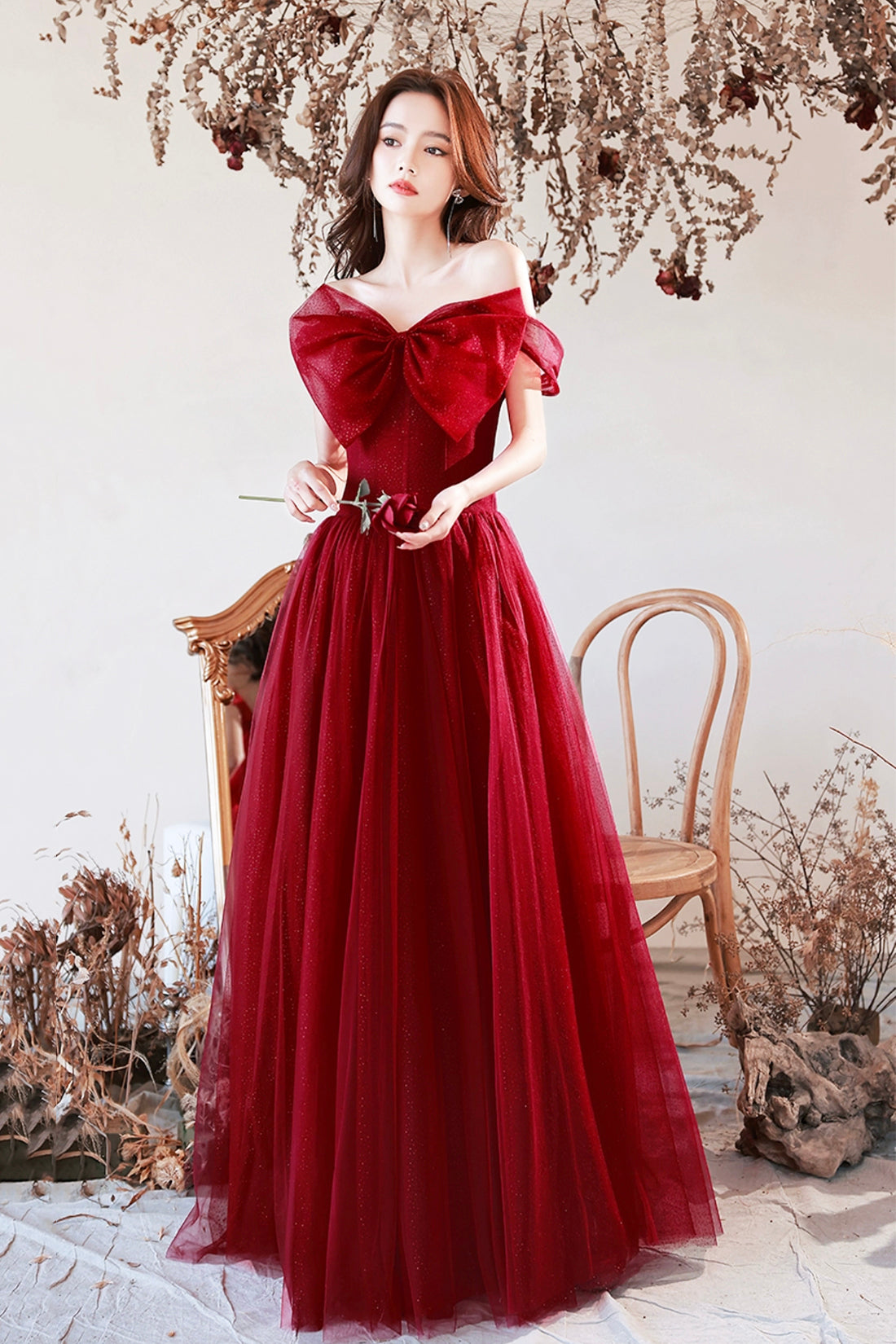 Burgundy Tulle Long A-Line Prom Dress with Bow, Burgundy Evening Graduation Dress