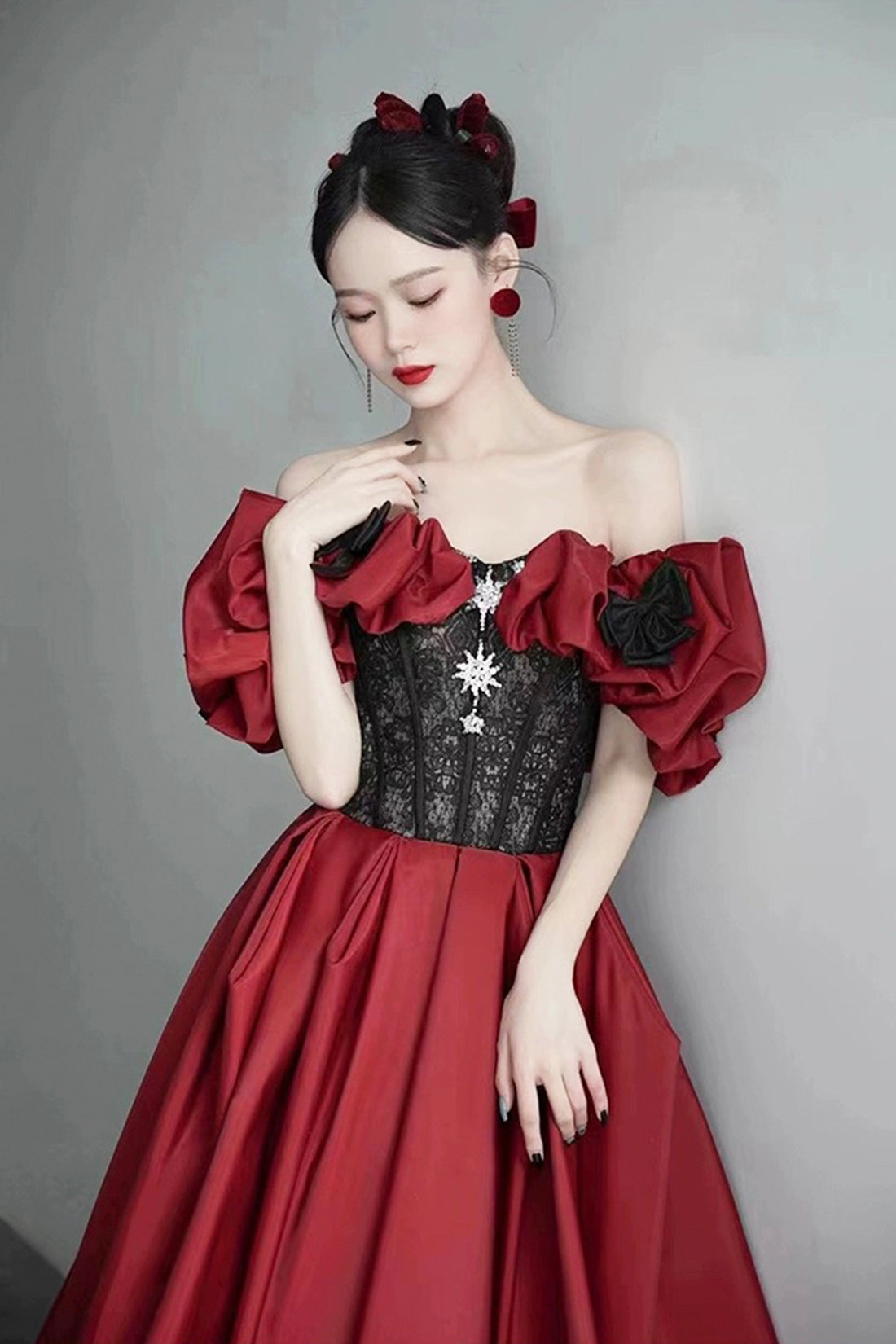 Burgundy Satin and Black Lace Floor Length Prom Dress, Off the Shoulder Evening Party Dress