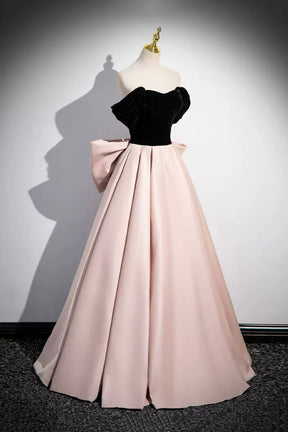 Black Velvet and Pink Satin Long Prom Dress, Beautiful A-Line Evening Party Dress with Bow