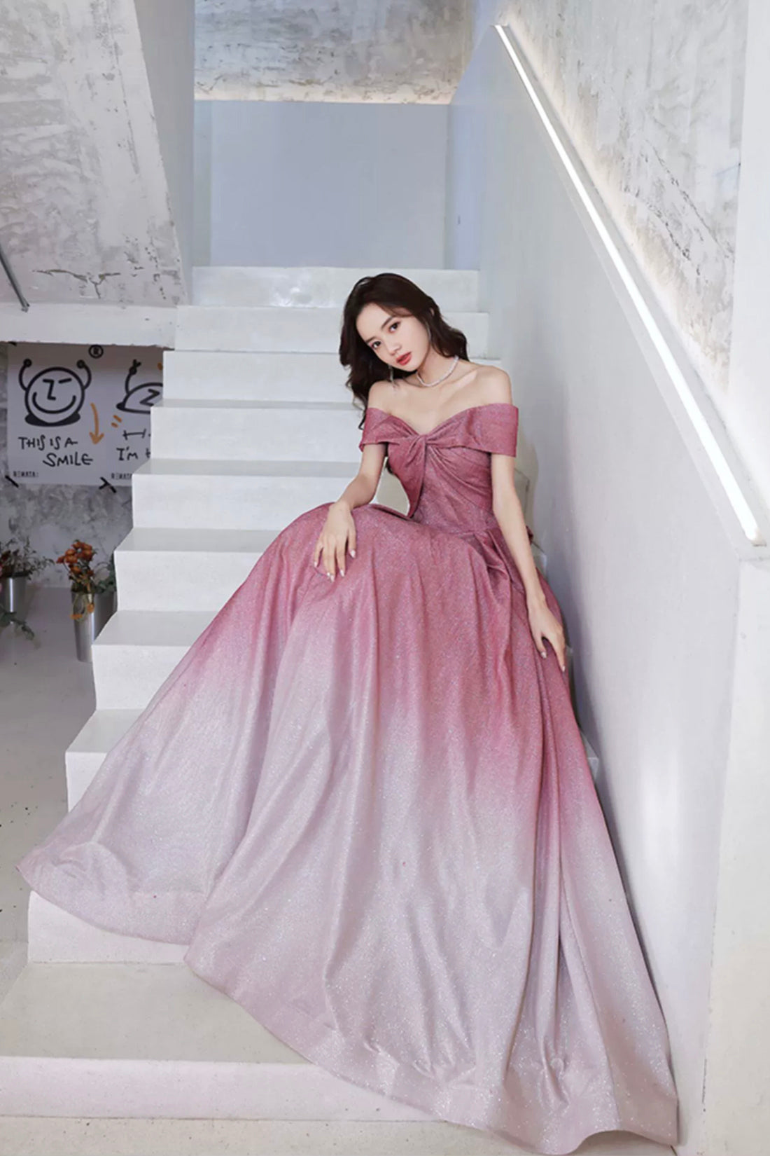 Beautiful Gradient Floor Length A-Line Prom Dress, Off the Shoulder Evening Party Dress