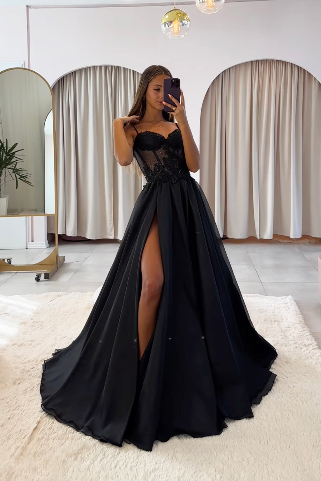 Black Spaghetti Strap Chiffon Lace Long Prom Dress, Black A-Line Evening Party Dress