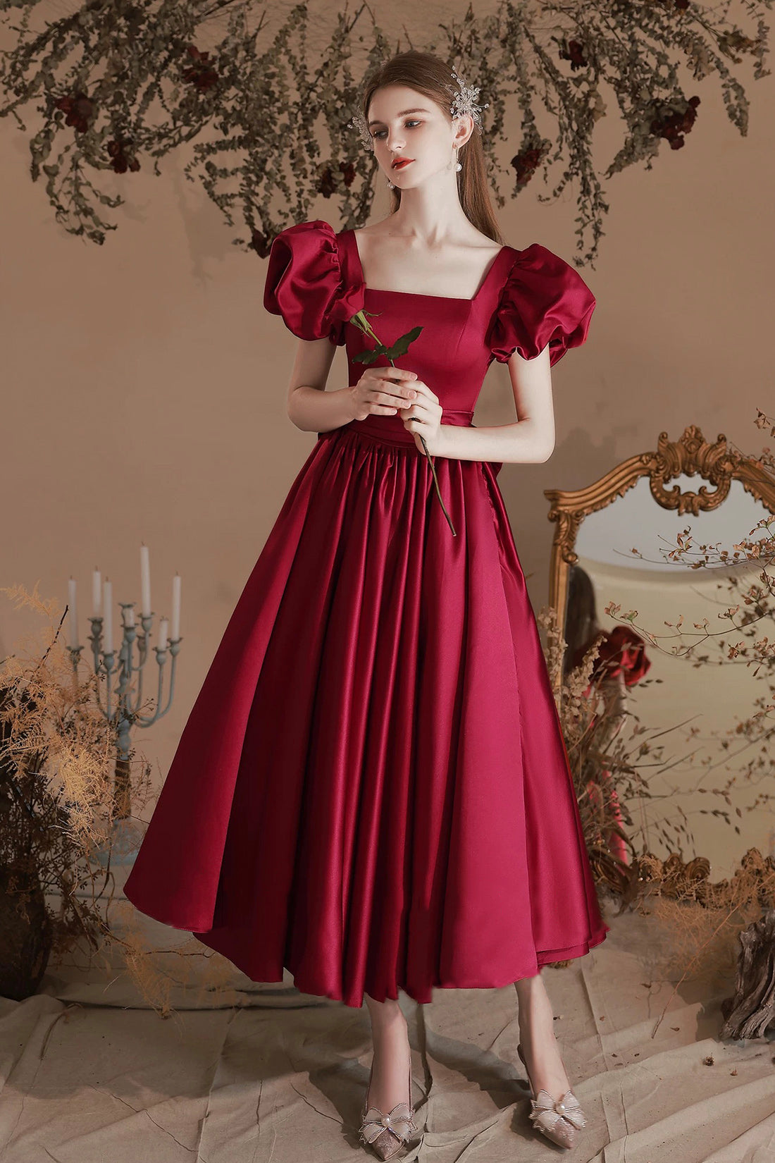 A-Line Satin Short Prom Dress, Burgundy Short Sleeve Homecoming Party Dress