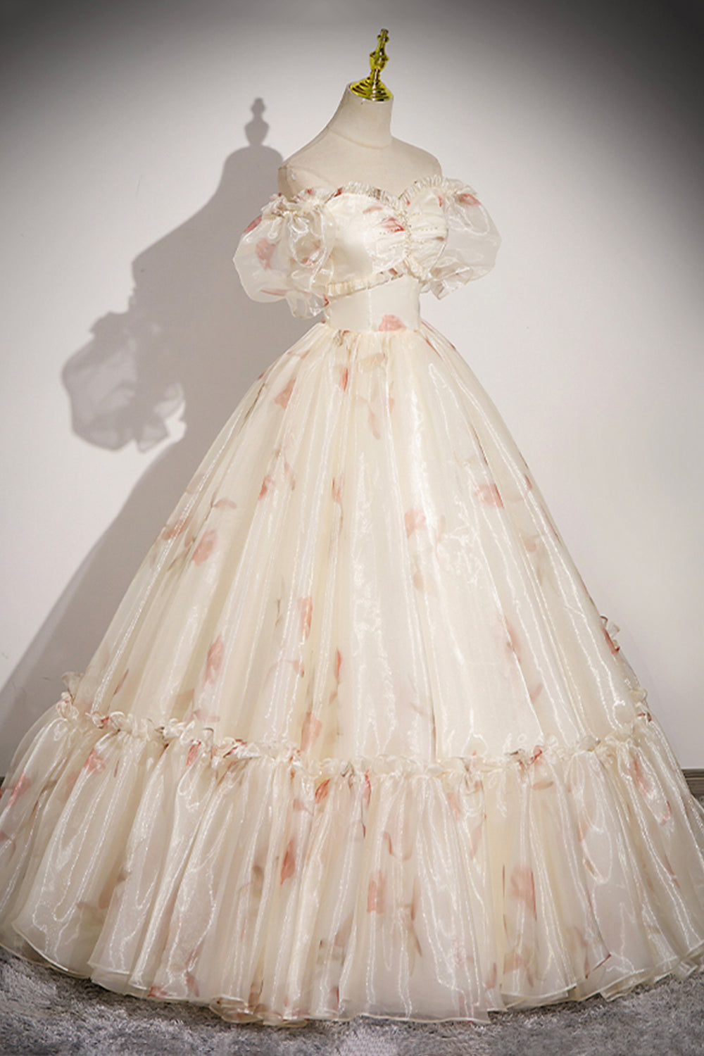 Beautiful Tulle Light Champage Prom Dress With Flowers Pruffy Sleeves Y1808 main image 1