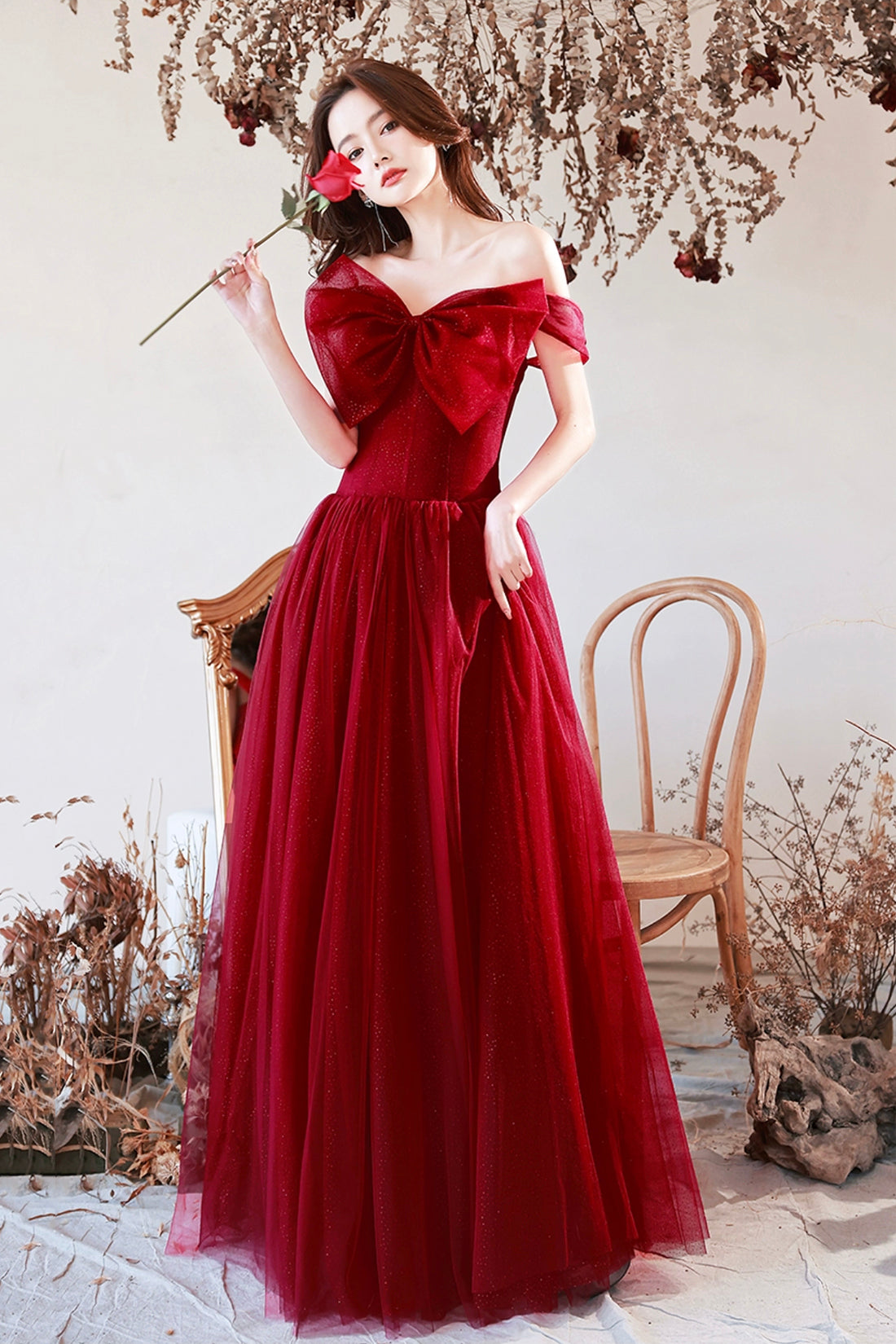 Burgundy Tulle Long A-Line Prom Dress with Bow, Burgundy Evening Graduation Dress