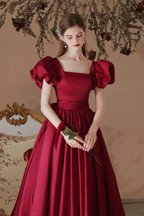 A-Line Satin Short Prom Dress, Burgundy Short Sleeve Homecoming Party Dress