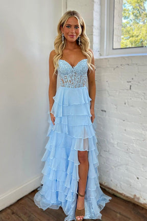 Light Blue Strapless High Low Prom Dress, Blue Lace Layered Formal Evening Dress