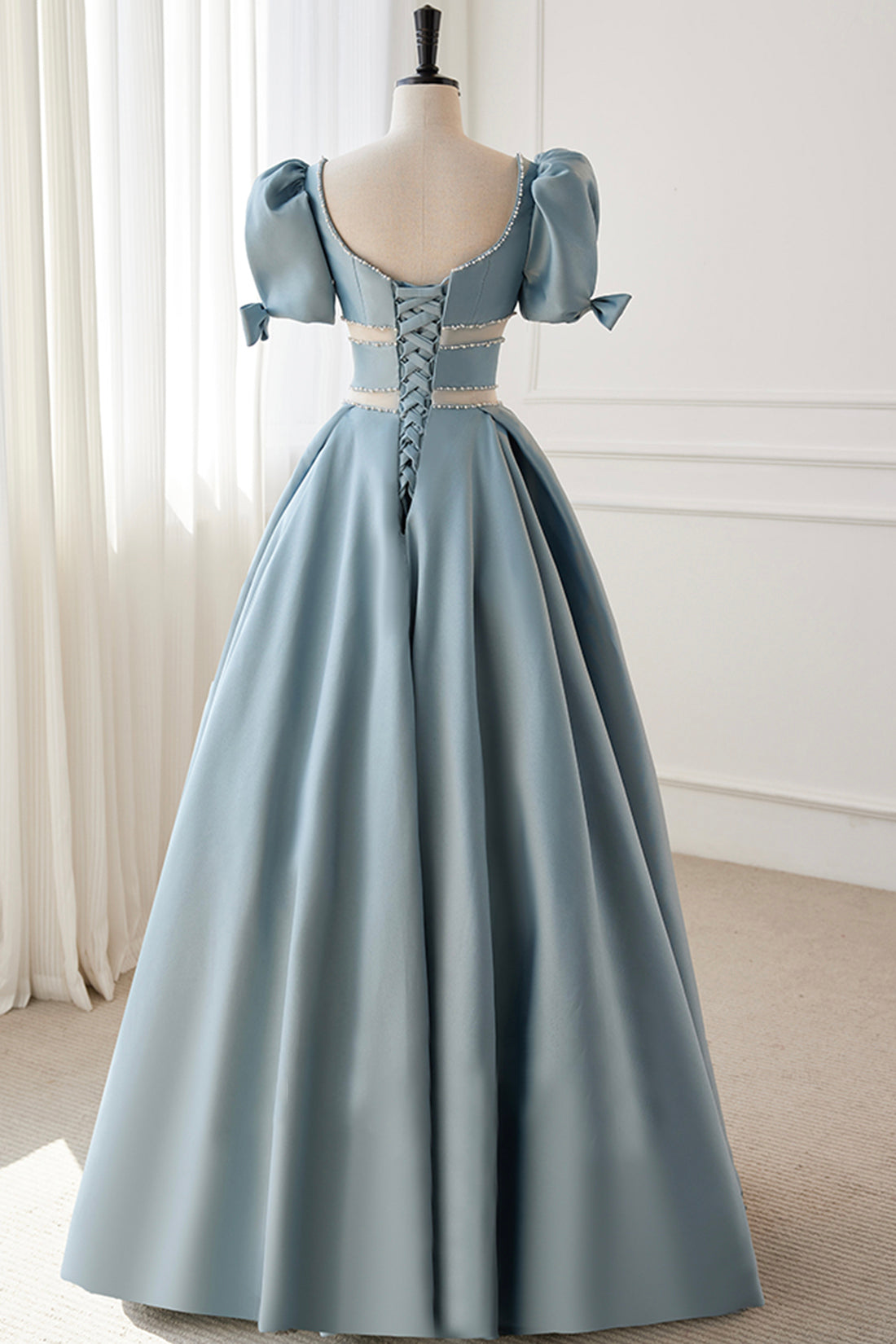 Blue Satin Beaded Long Prom Dress, Blue Short Sleeve Evening Dress