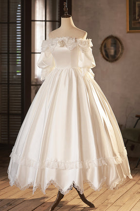 White Satin Lace Prom Dress, White Evening Dress, Wedding Dress