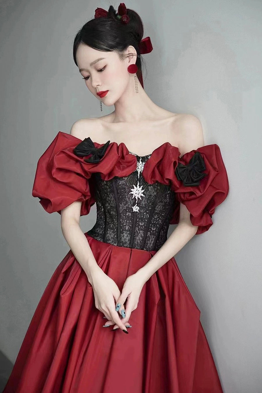 Burgundy Satin and Black Lace Floor Length Prom Dress, Off the Shoulde