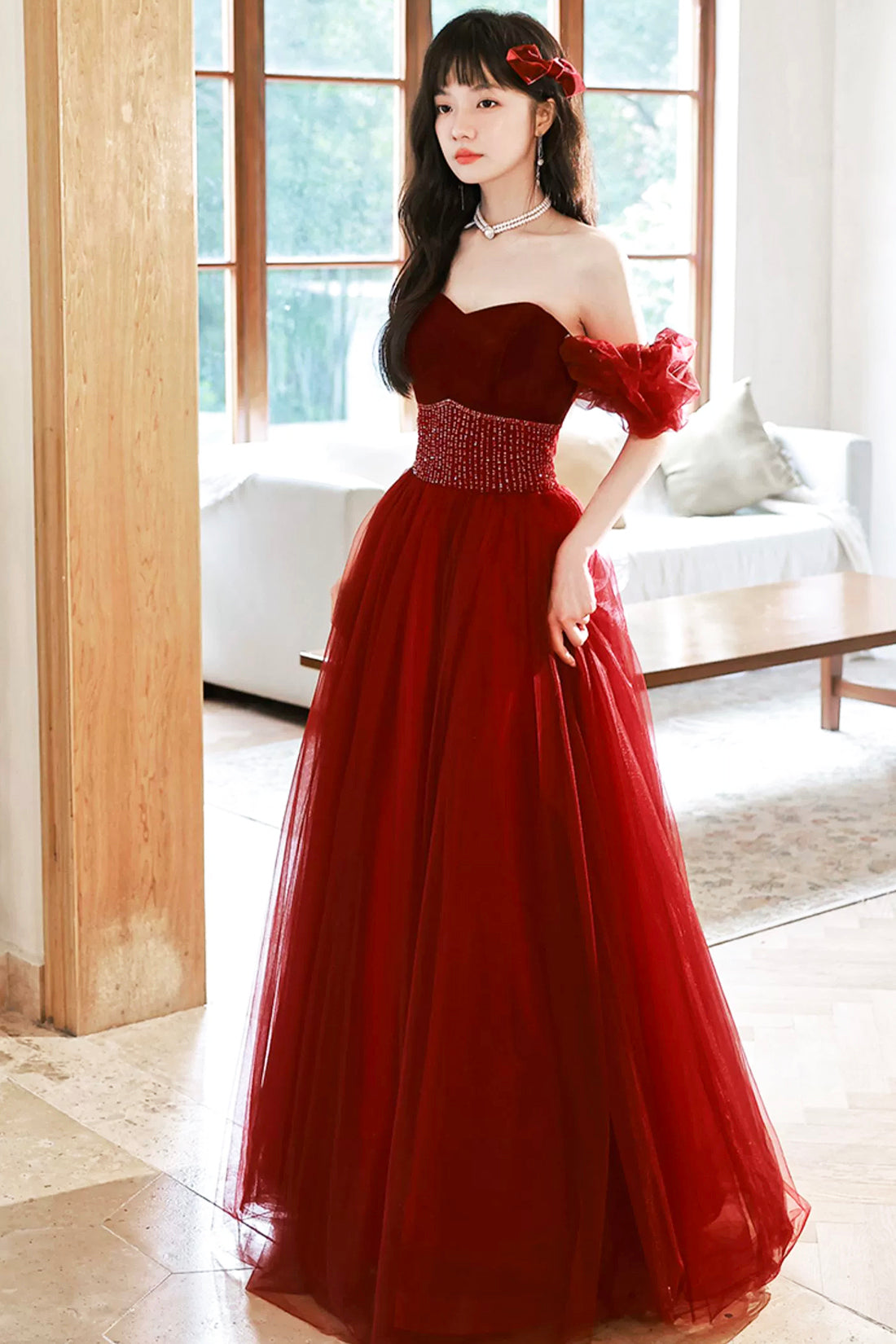 Burgundy Strapless Tulle Long Prom Dress with Beaded, Burgundy Tulle F Burgundy Strapless Tulle Long Prom Dress with Beaded, Burgundy Tulle F