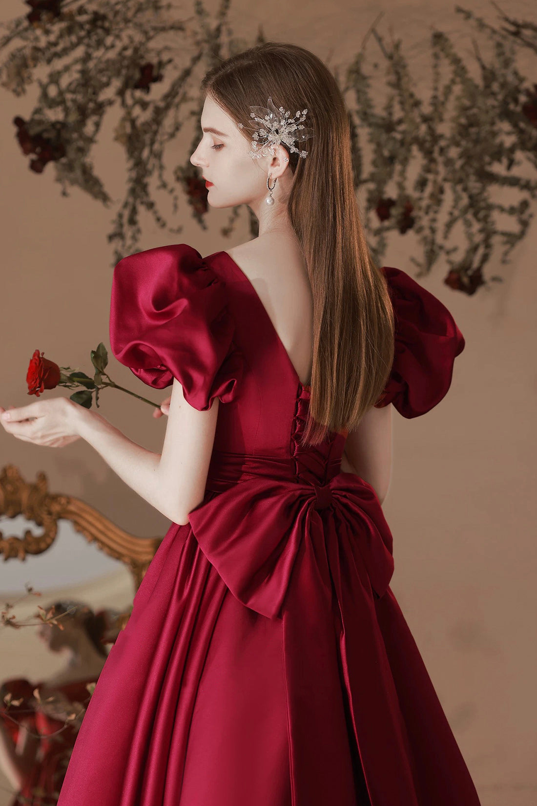 A-Line Satin Short Prom Dress, Burgundy Short Sleeve Homecoming Party A-Line Satin Short Prom Dress, Burgundy Short Sleeve Homecoming Party