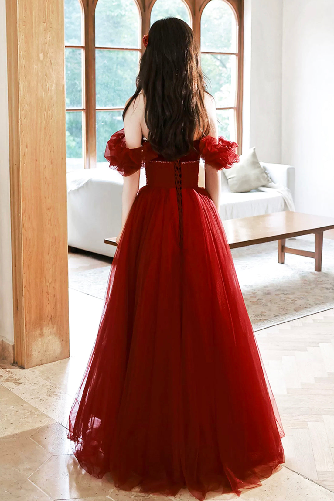 Burgundy Strapless Tulle Long Prom Dress with Beaded, Burgundy Tulle F Burgundy Strapless Tulle Long Prom Dress with Beaded, Burgundy Tulle F