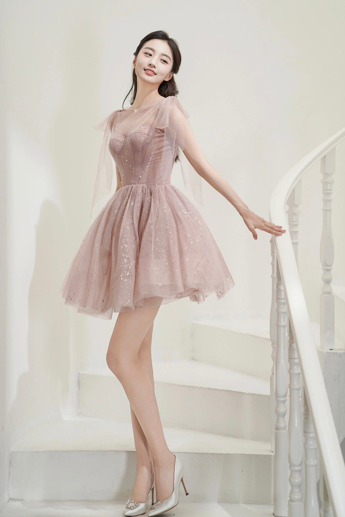 Pink Tulle Knee Length Prom Dress, Cute A-Line Party Dress