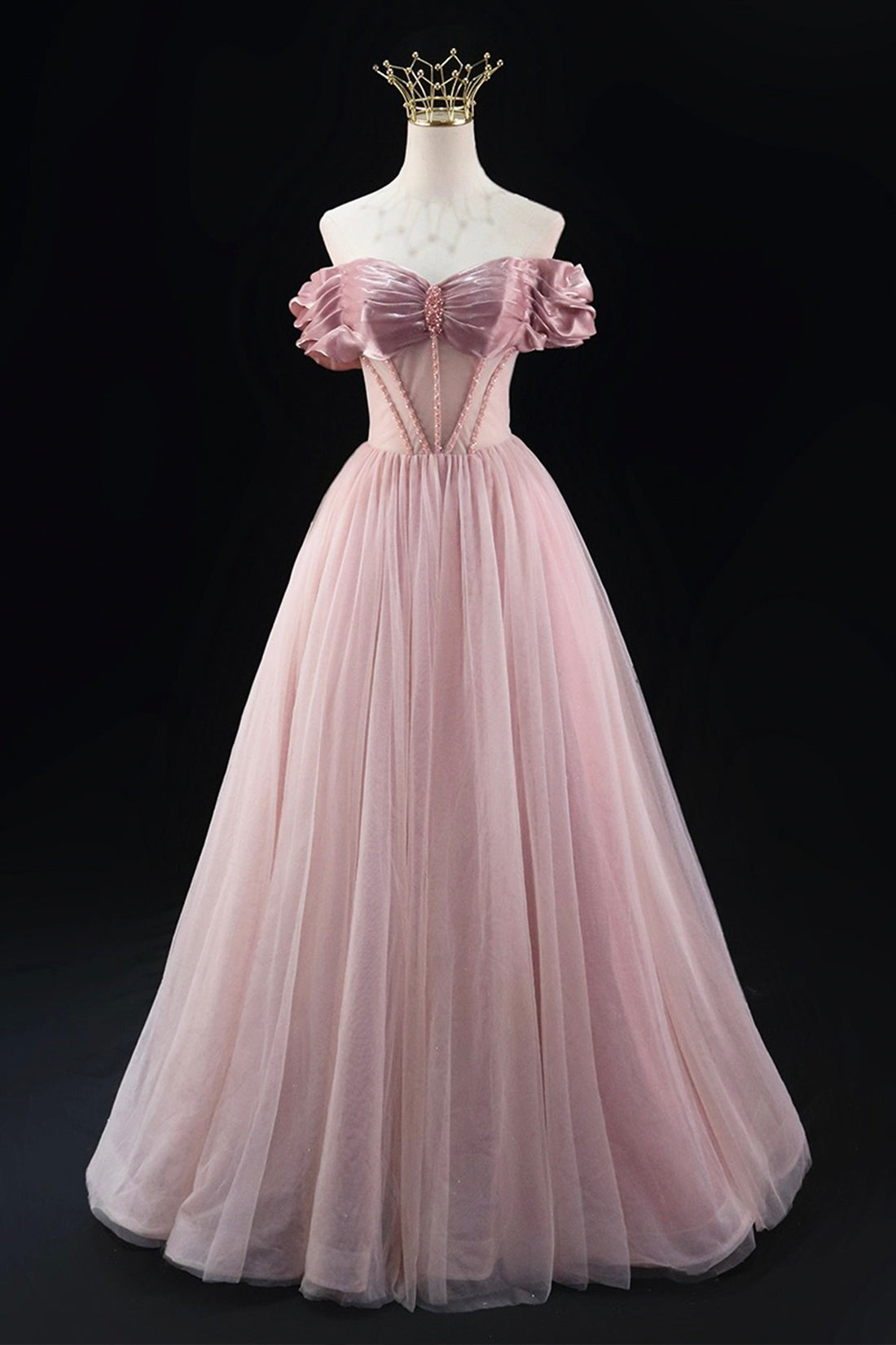 Off the Shoulder Sweetheart Beaded Tulle Long Prom Dress, A-Line Pink Evening Dress