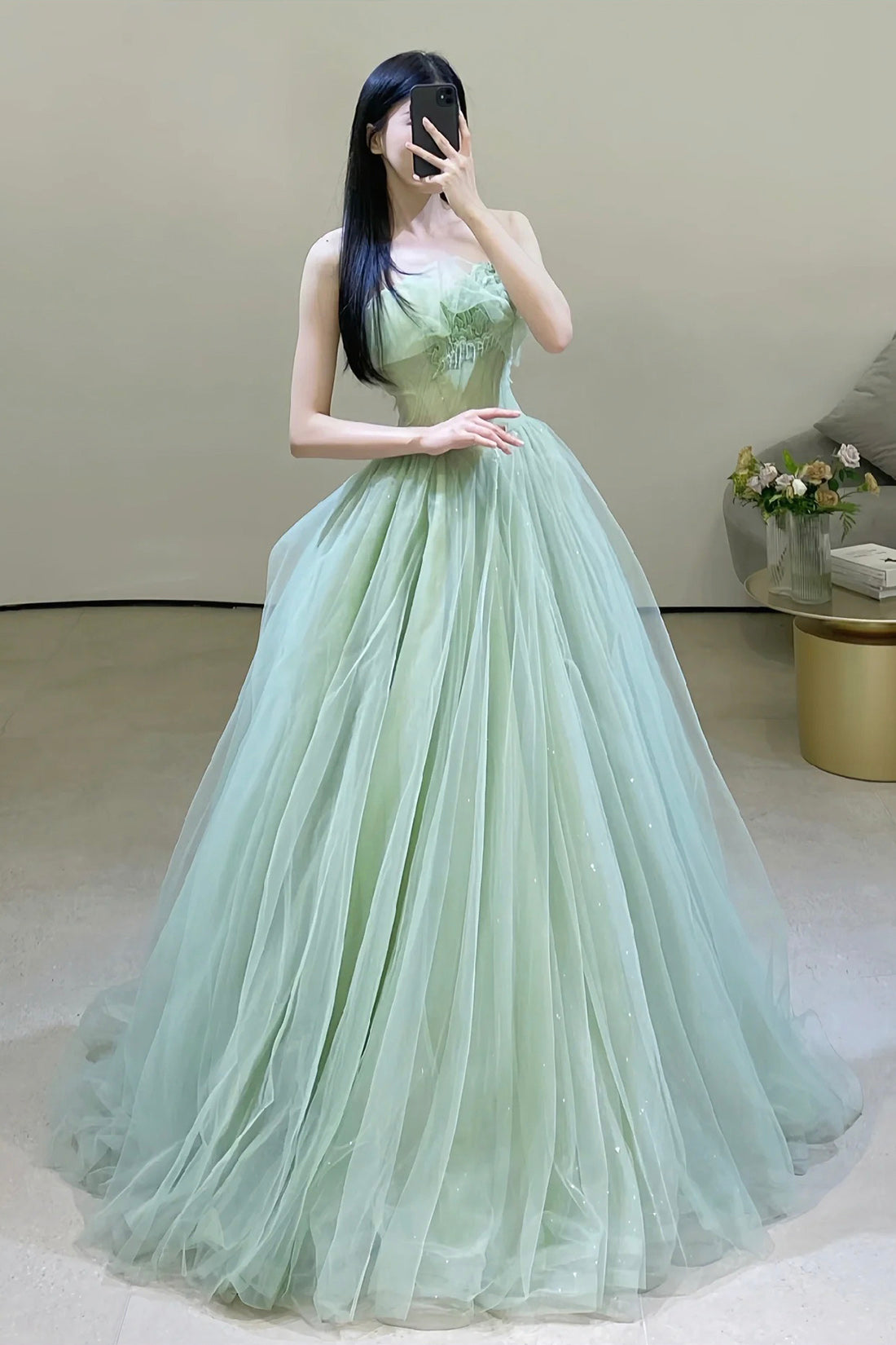 Green Strapless Tulle Long Prom Dress, Beautiful Green Evening Party Dress