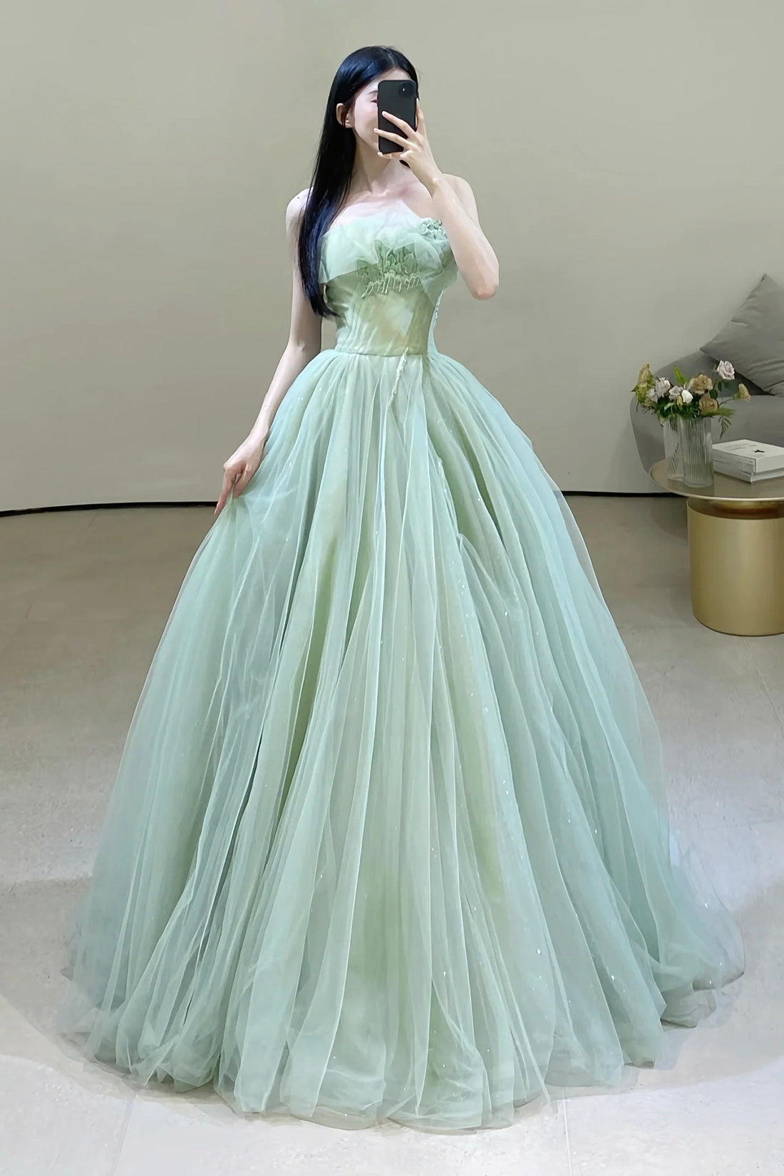 Green Strapless Tulle Long Prom Dress, Beautiful Green Evening Party Dress