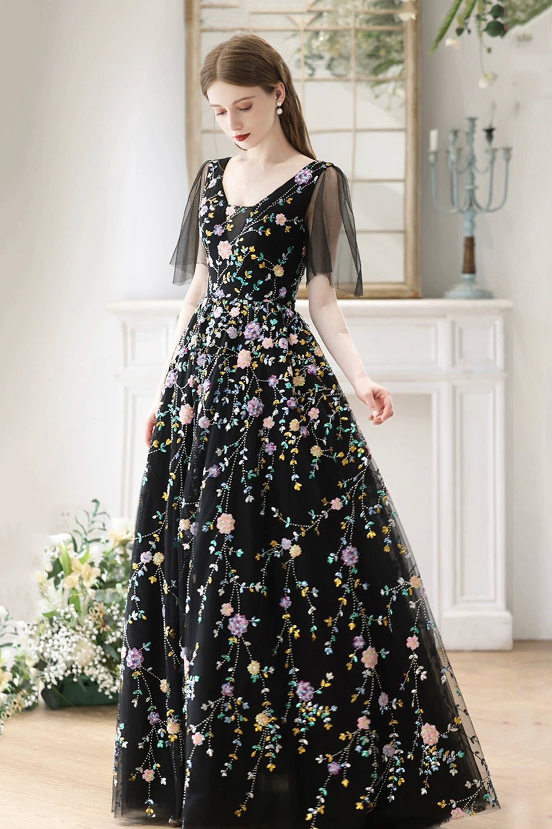 A-Line Velvet Sequin Long Black Prom Dress, Black Long Evening