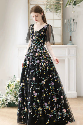 Black V-Neck Tulle Sequins Long Prom Dress, Black A-Line Formal Evening Dress