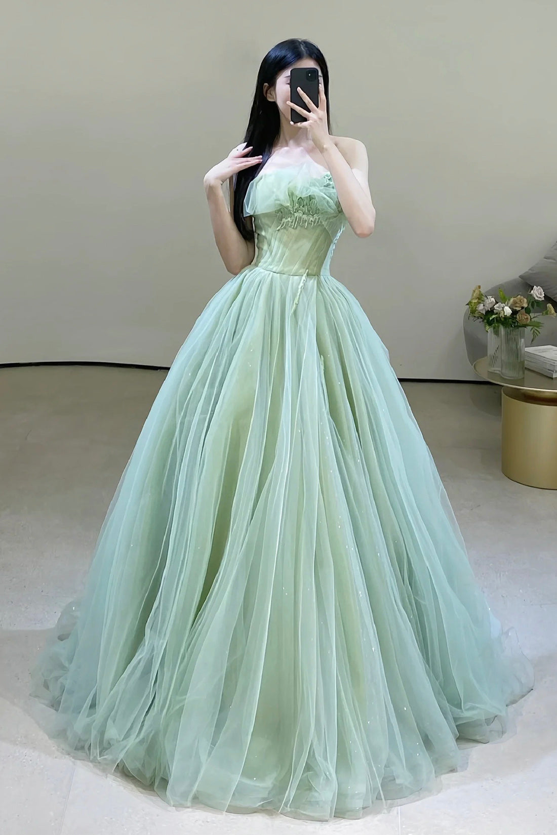 Green Strapless Tulle Long Prom Dress, Beautiful Green Evening Party D Green Strapless Tulle Long Prom Dress, Beautiful Green Evening Party D