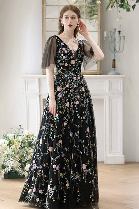 Black V-Neck Tulle Sequins Long Prom Dress, Black A-Line Formal Evening Dress