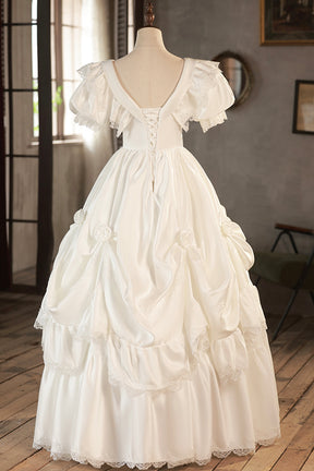 White V-Neck Satin Long Prom Dress with Lace, Wedding Dress
