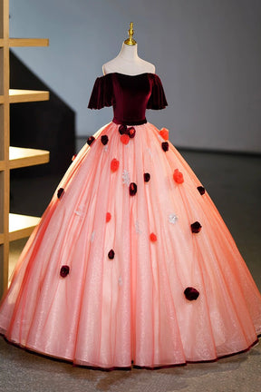 Elegant Velvet Tulle Long Formal Dress, Burgundy Off the Shoulder Sweet Flower Party Dress