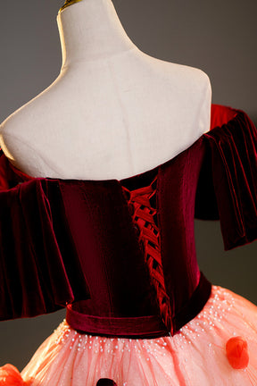 Elegant Velvet Tulle Long Formal Dress, Burgundy Off the Shoulder Sweet Flower Party Dress