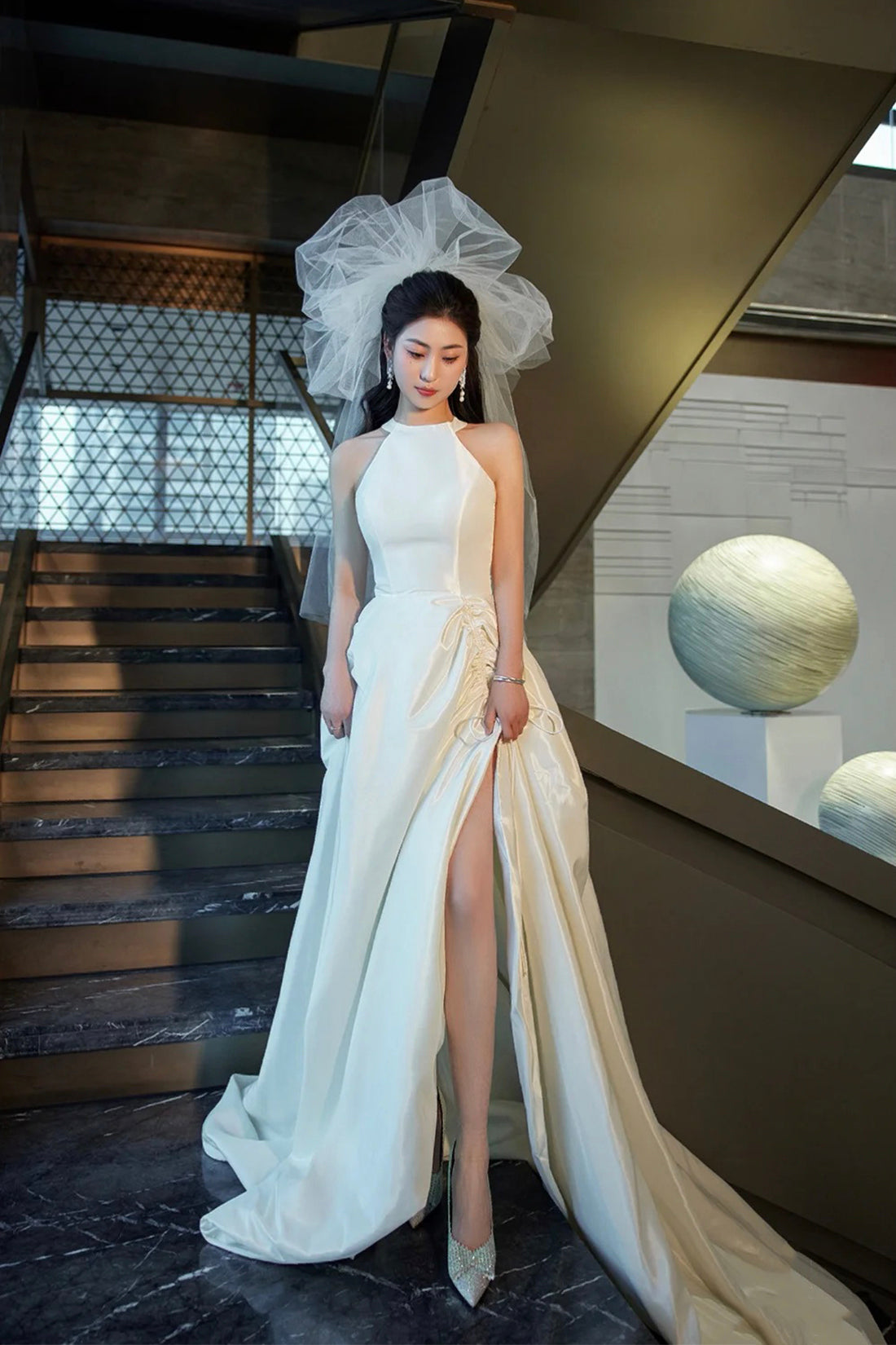 White Satin Long Prom Dress with Slit, Elegant A-Line Backless Evening White Satin Long Prom Dress with Slit, Elegant A-Line Backless Evening