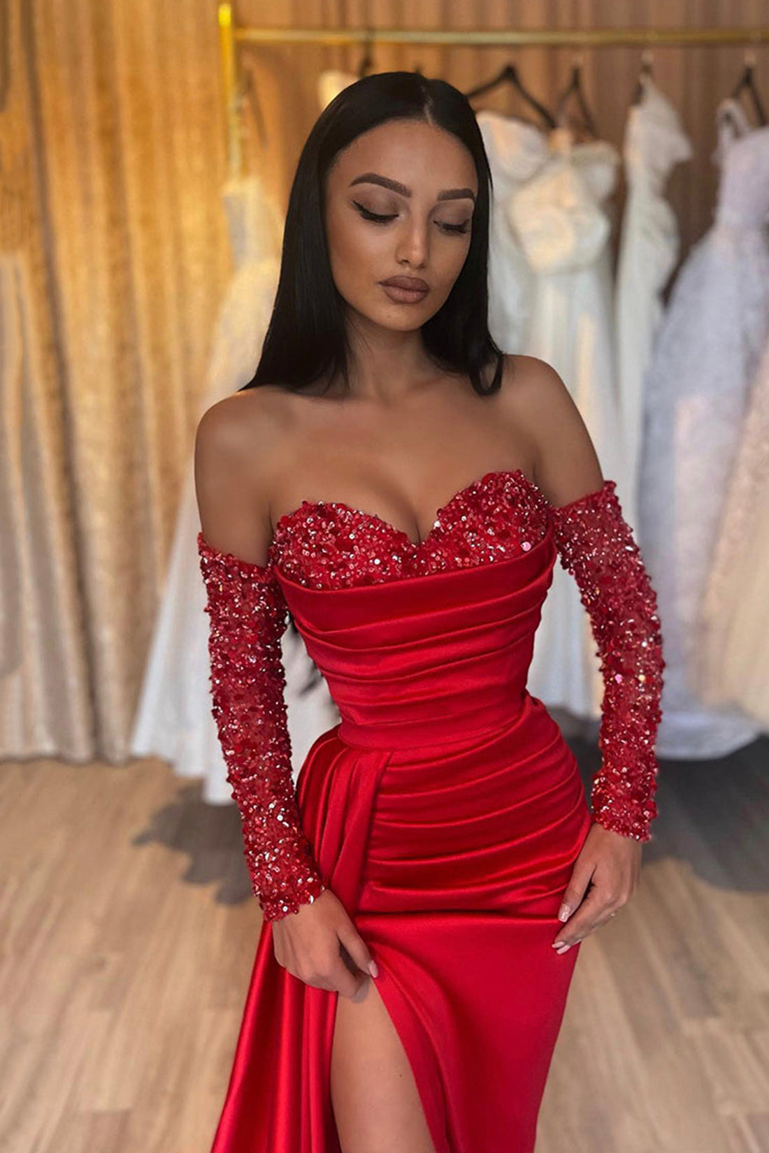 Red Sweetheart Satin Sequins Prom Dress, Red Long Sleeve Evening Party Red Sweetheart Satin Sequins Prom Dress, Red Long Sleeve Evening Party