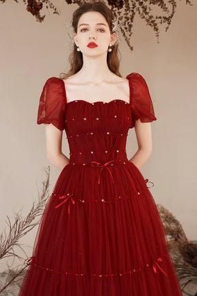 Burgundy Tulle Floor Length Prom Dresses, Beautiful Short Sleeve Evening Dresses