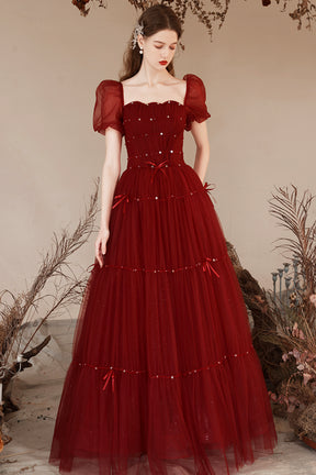 Burgundy Tulle Floor Length Prom Dresses, Beautiful Short Sleeve Evening Dresses