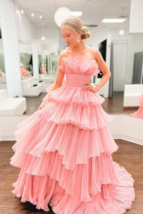 Pink Strapless Princess Tulle Layers Ruffles Long Prom Dress, Pink Formal Evening Dress